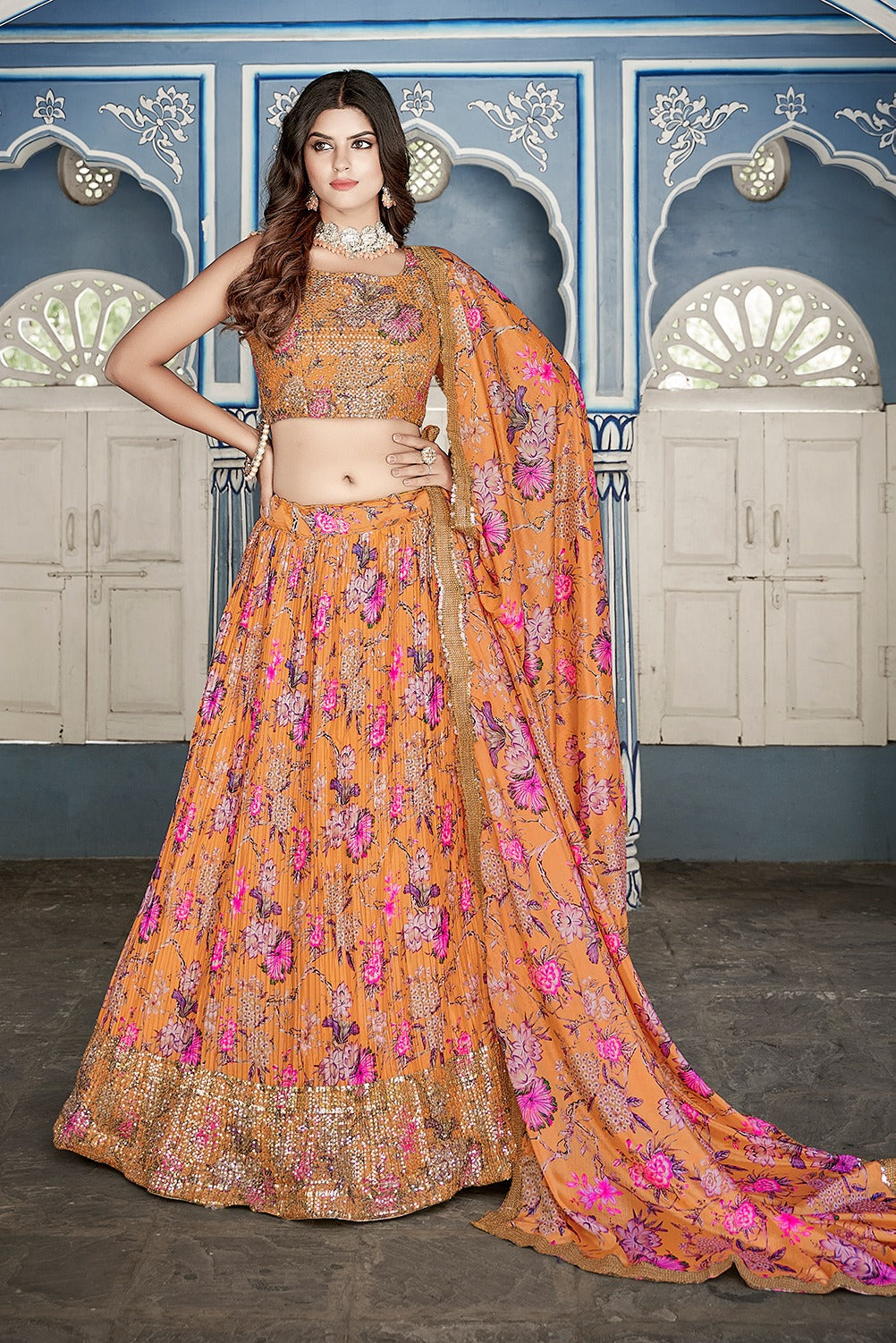 Beautiful Designer Crushed Chinon Lehenga Choli Design 1013