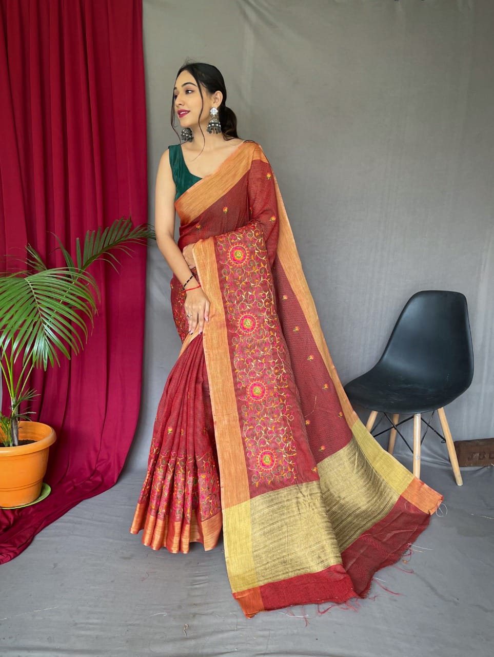 Party Wear Designer Pure Linen Sarees