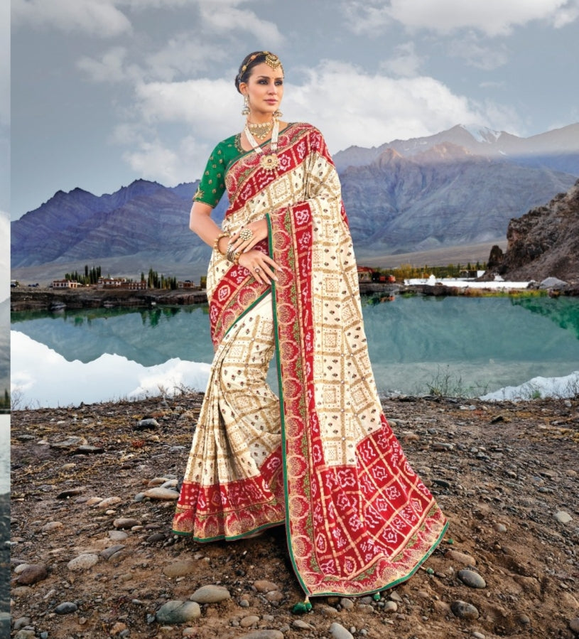 Boutique Designer Wedding Pure Kacchi Bandhej Satin Saree design 7302