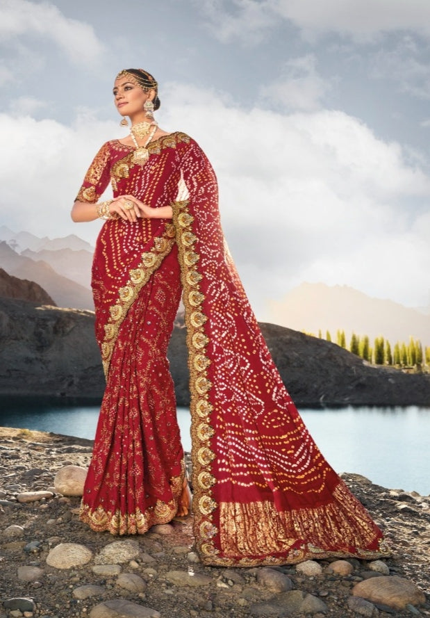 Boutique Designer Wedding Pure Kacchi Bandhej Satin Saree design 7301