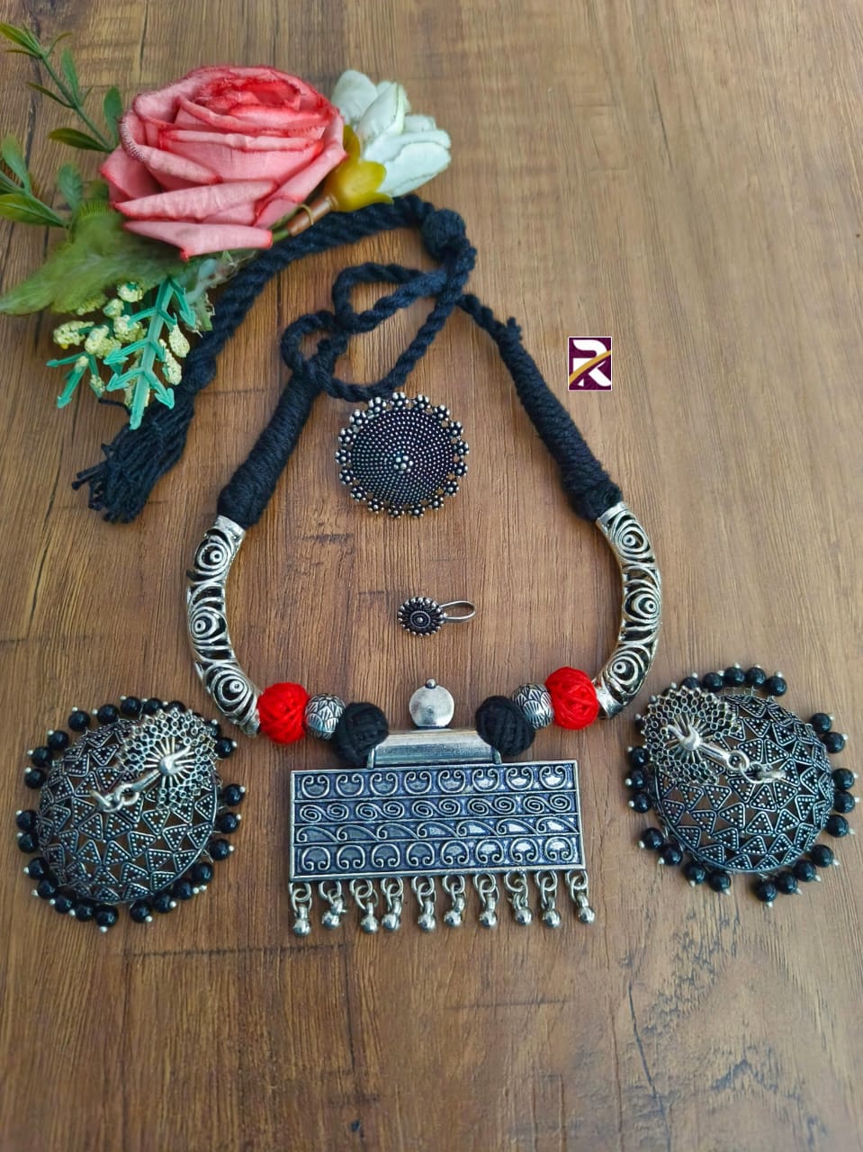 Beautiful Oxidised Thread Necklace with Jhumka Earrings