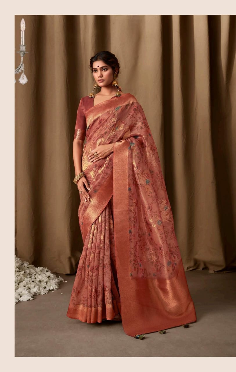 Beautiful Designer Pure Zari Linen With Floral Print Saree