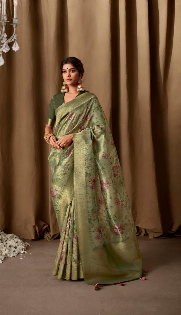 Beautiful Designer Pure Zari Linen With Floral Print Saree