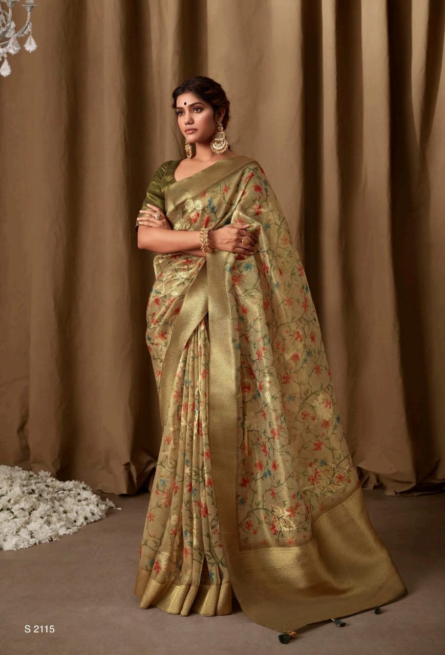 Beautiful Designer Pure Zari Linen With Floral Print Saree