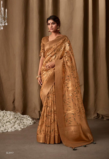 Beautiful Designer Pure Zari Linen With Floral Print Saree