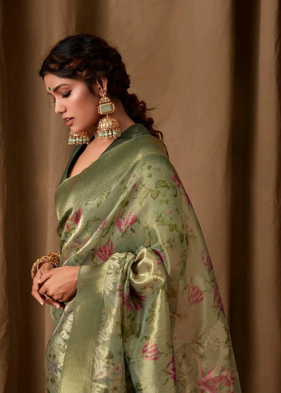 Beautiful Designer Pure Zari Linen With Floral Print Saree