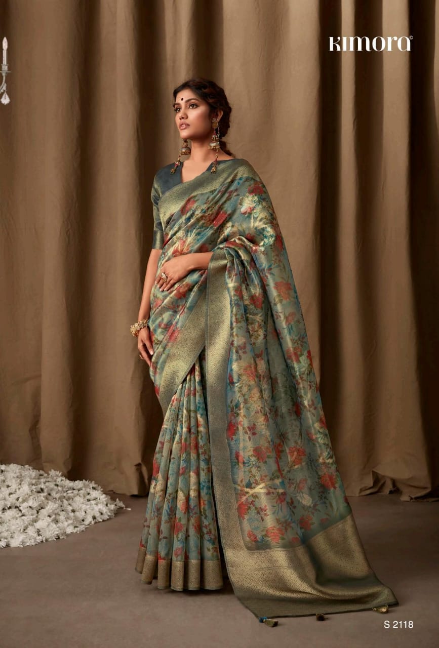 Beautiful Designer Pure Zari Linen With Floral Print Saree