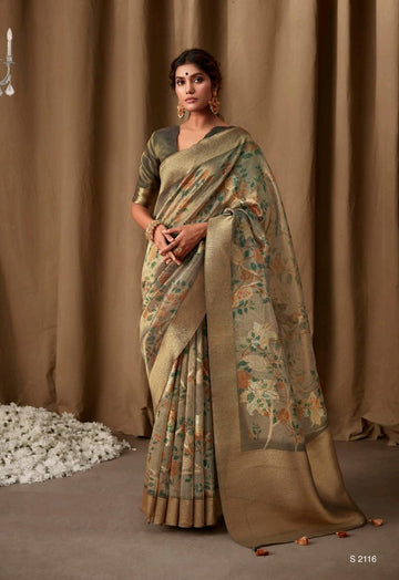 Beautiful Designer Pure Zari Linen With Floral Print Saree