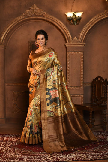 Beautiful Designer Ghicha Tussar With Kalamkari Print Saree