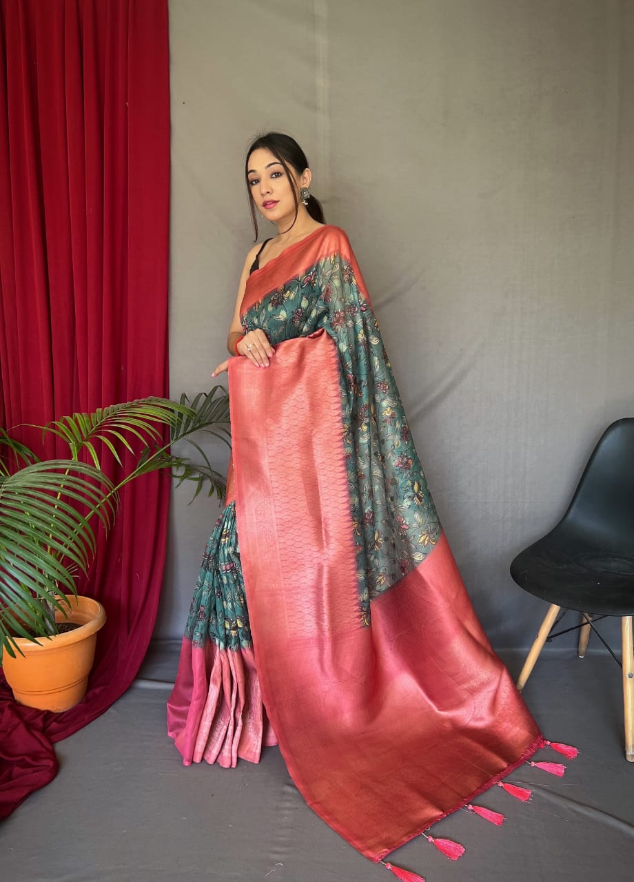 Beautiful Designer Pure Kora Kalamkari Organza Saree