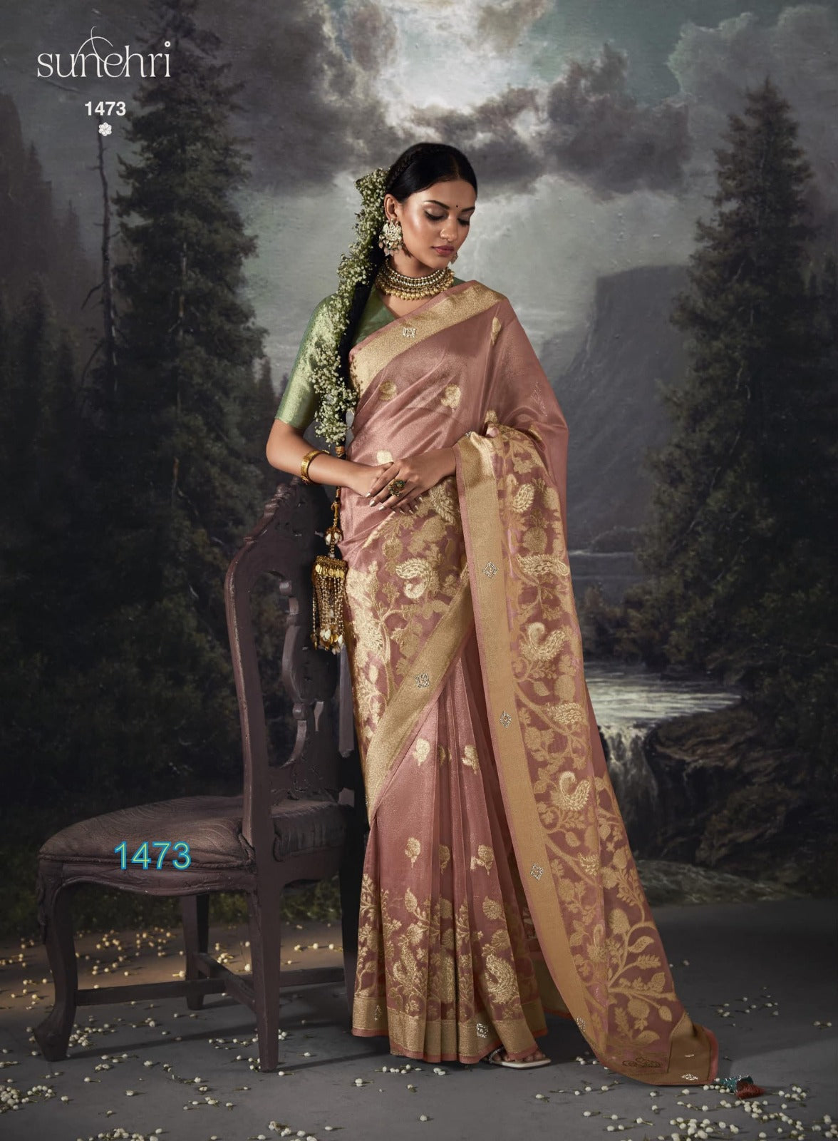 Kimora Sunheri Raat Rani Banarasi Zari With Organza Saree Design 1473