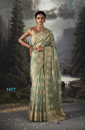 Kimora Sunheri Raat Rani Banarasi Zari With Organza Saree Design 1477