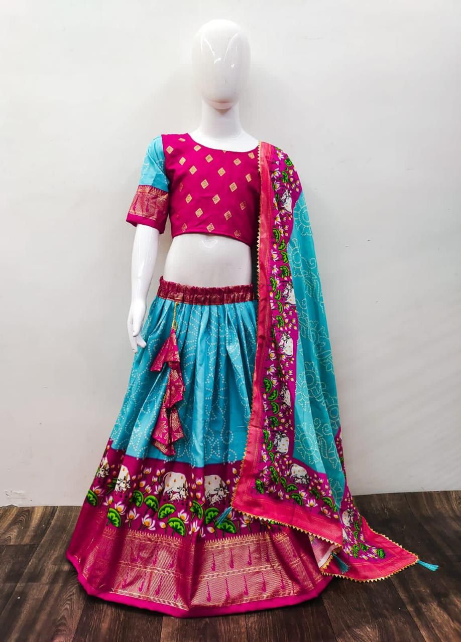 Beautiful Designer Kids Kalamkari Silk Lehenga Choli