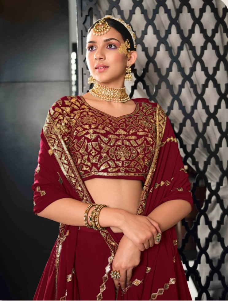 Maroon Double Tier Lehenga Set | Velvet blouse design, Simple lehenga, Blouse  designs indian