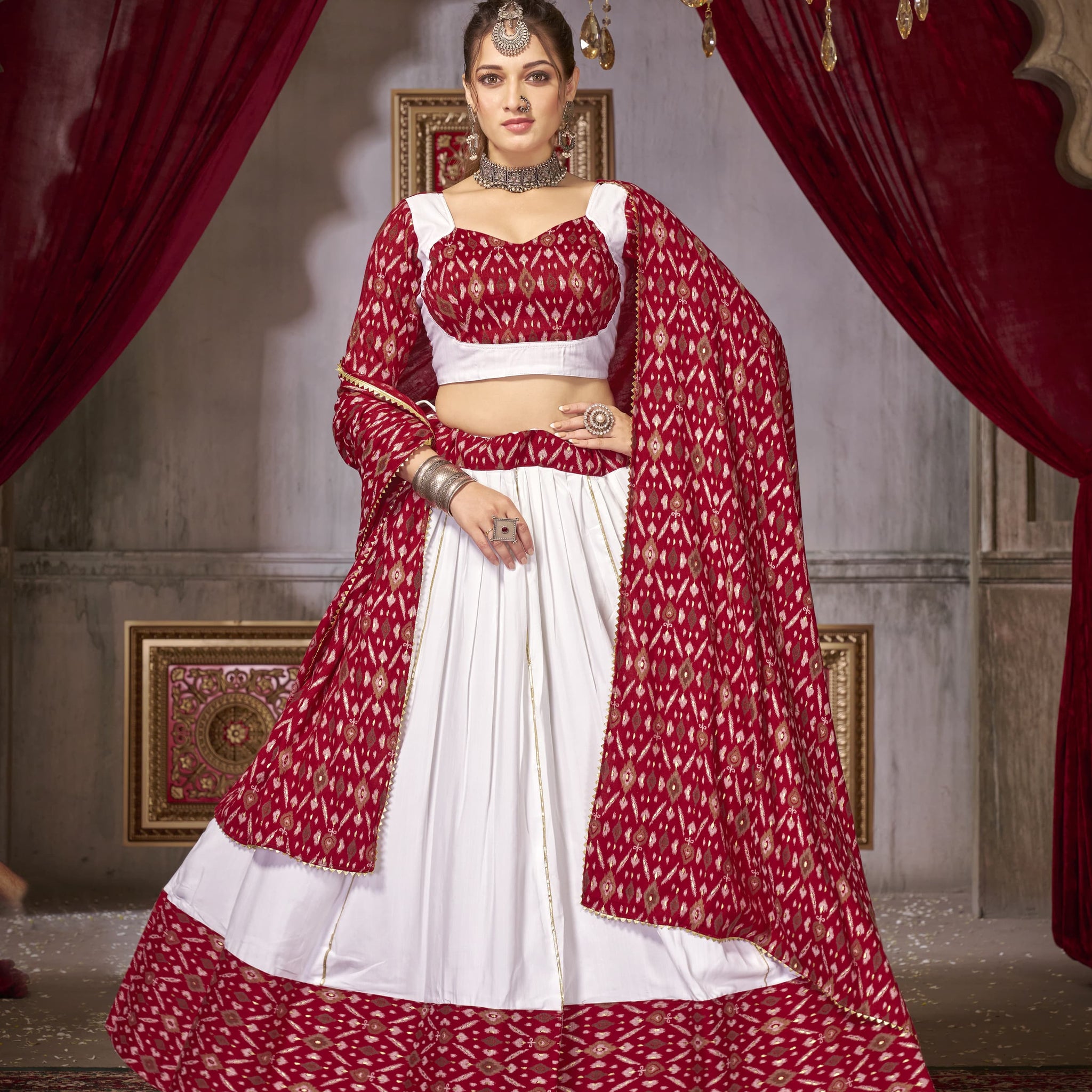 Beautiful Designer Cotton with Ikkat Print Ghoomar Lehenga Choli