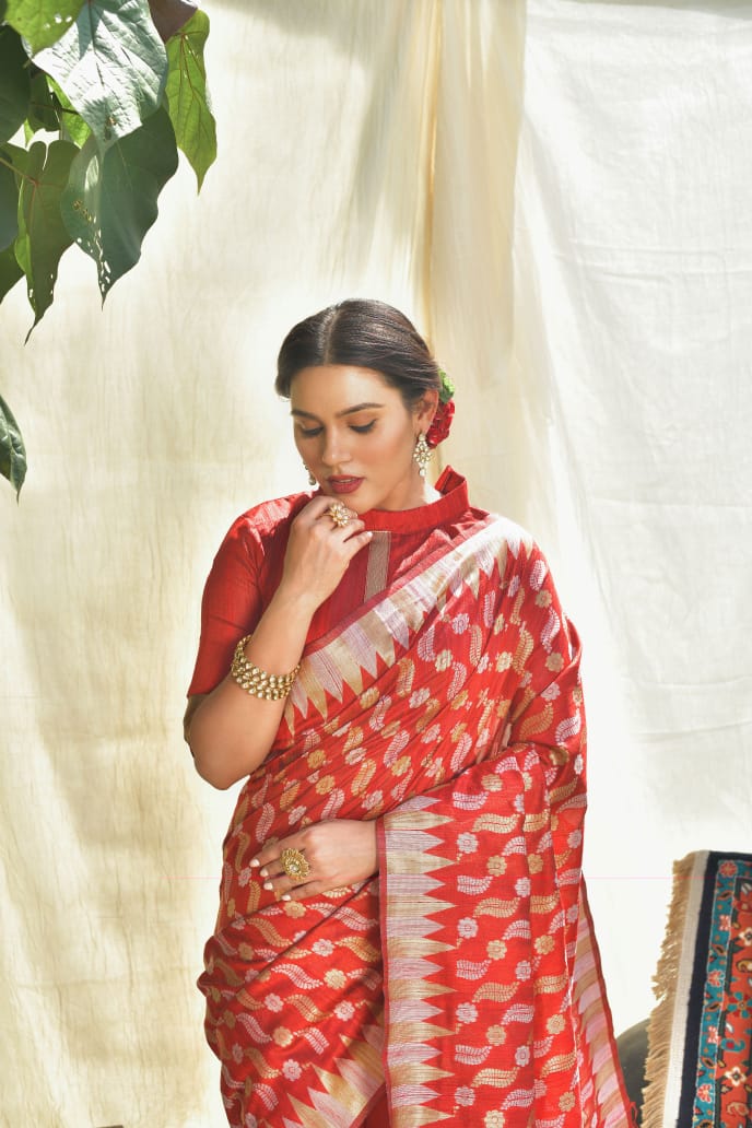 Pure Tussar silk Jamdani weaving Saree