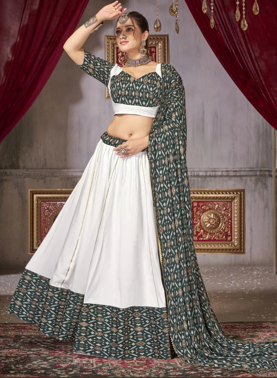 Beautiful Designer Cotton with Ikkat Print Ghoomar Lehenga Choli