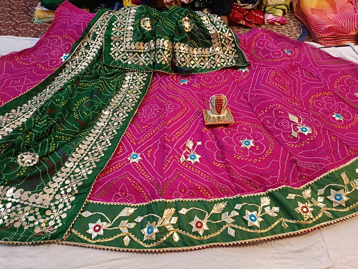 Beautiful Rajasthani Traditional Chunri Heavy Kacchi Gotta Patti Work Bandhej Lehenga