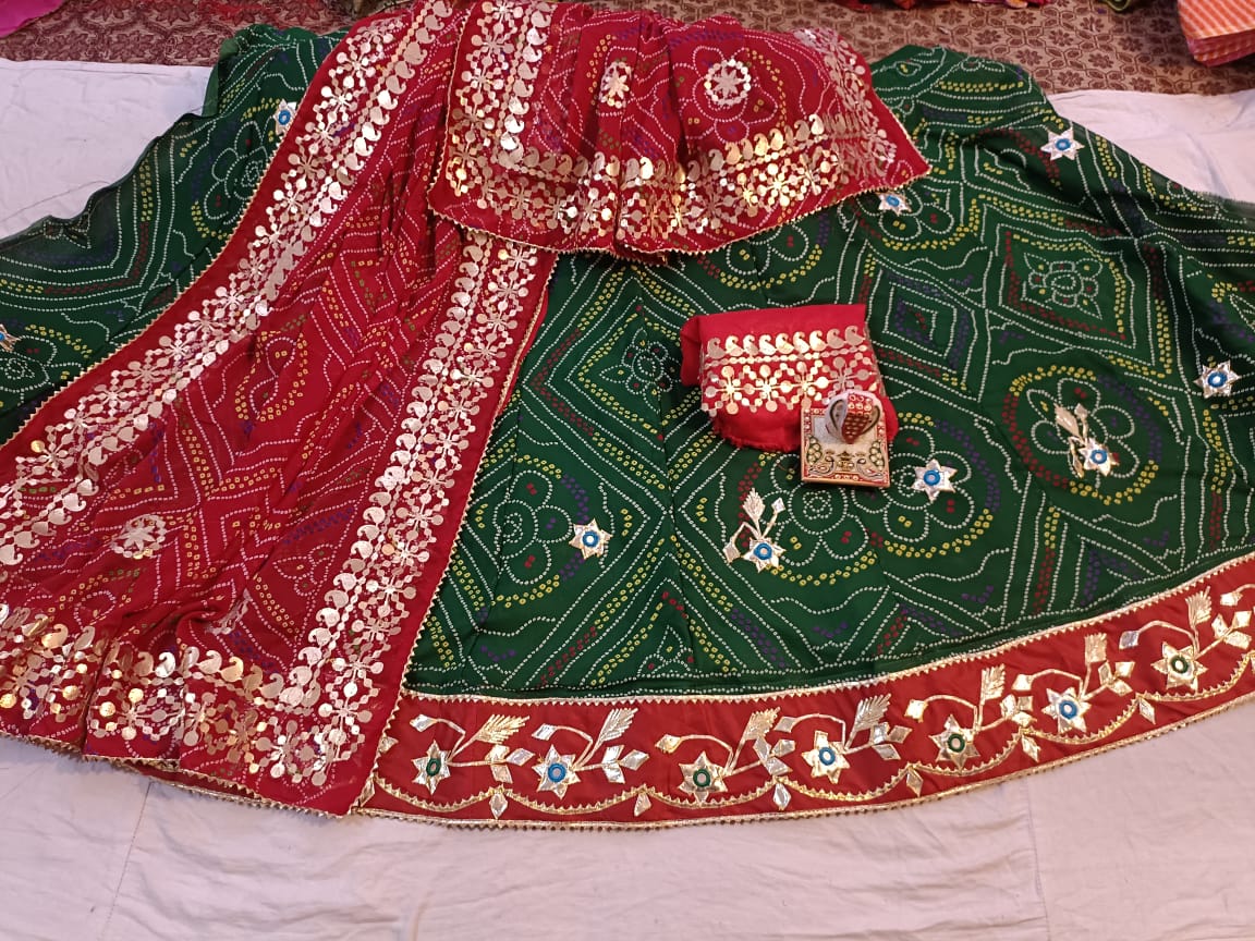 Beautiful Rajasthani Traditional Chunri Heavy Kacchi Gotta Patti Work Bandhej Lehenga