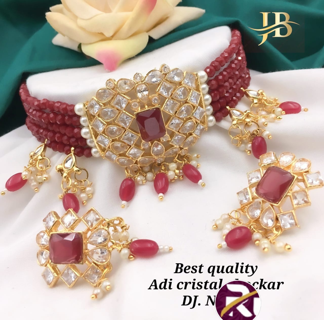 Beautiful Designer Crystal Moti & Kundan Stone and Diamond set with Earrings