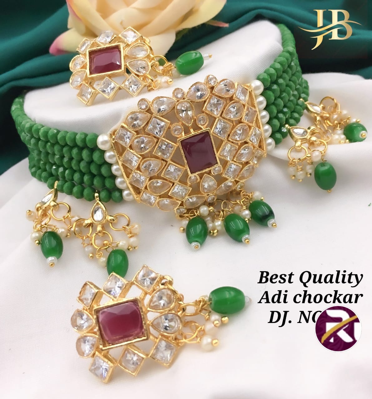 Beautiful Designer Crystal Moti & Kundan Stone and Diamond set with Earrings