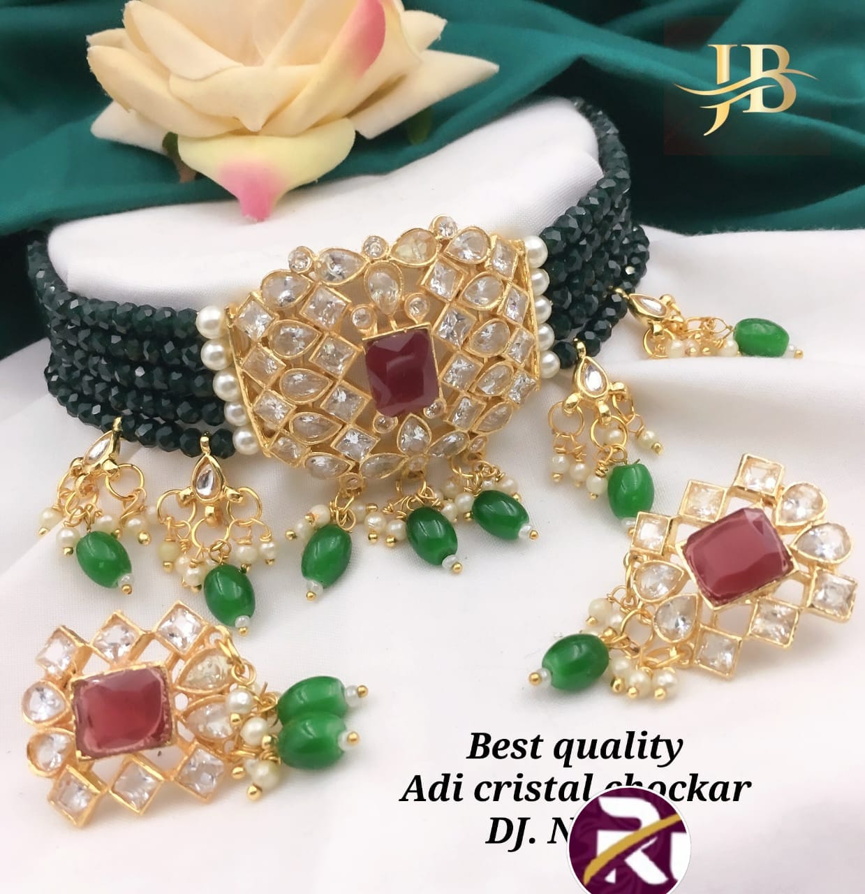 Beautiful Designer Crystal Moti & Kundan Stone and Diamond set with Earrings