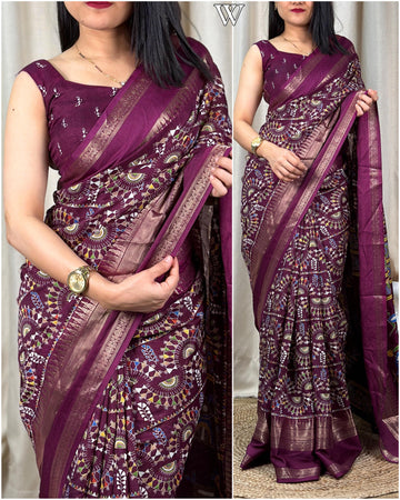 Beautiful Designer Chaitra Kalamkari Print Saree With Zari Boder