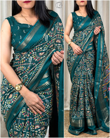 Beautiful Designer Chaitra Kalamkari Print Saree With Zari Boder