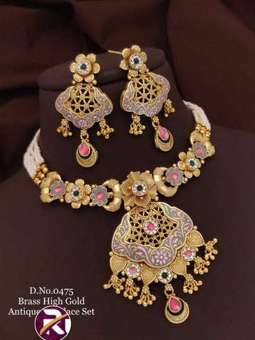 Beautiful Brass High Gold Plated Antique Rajwadi Necklace Set with Earrings