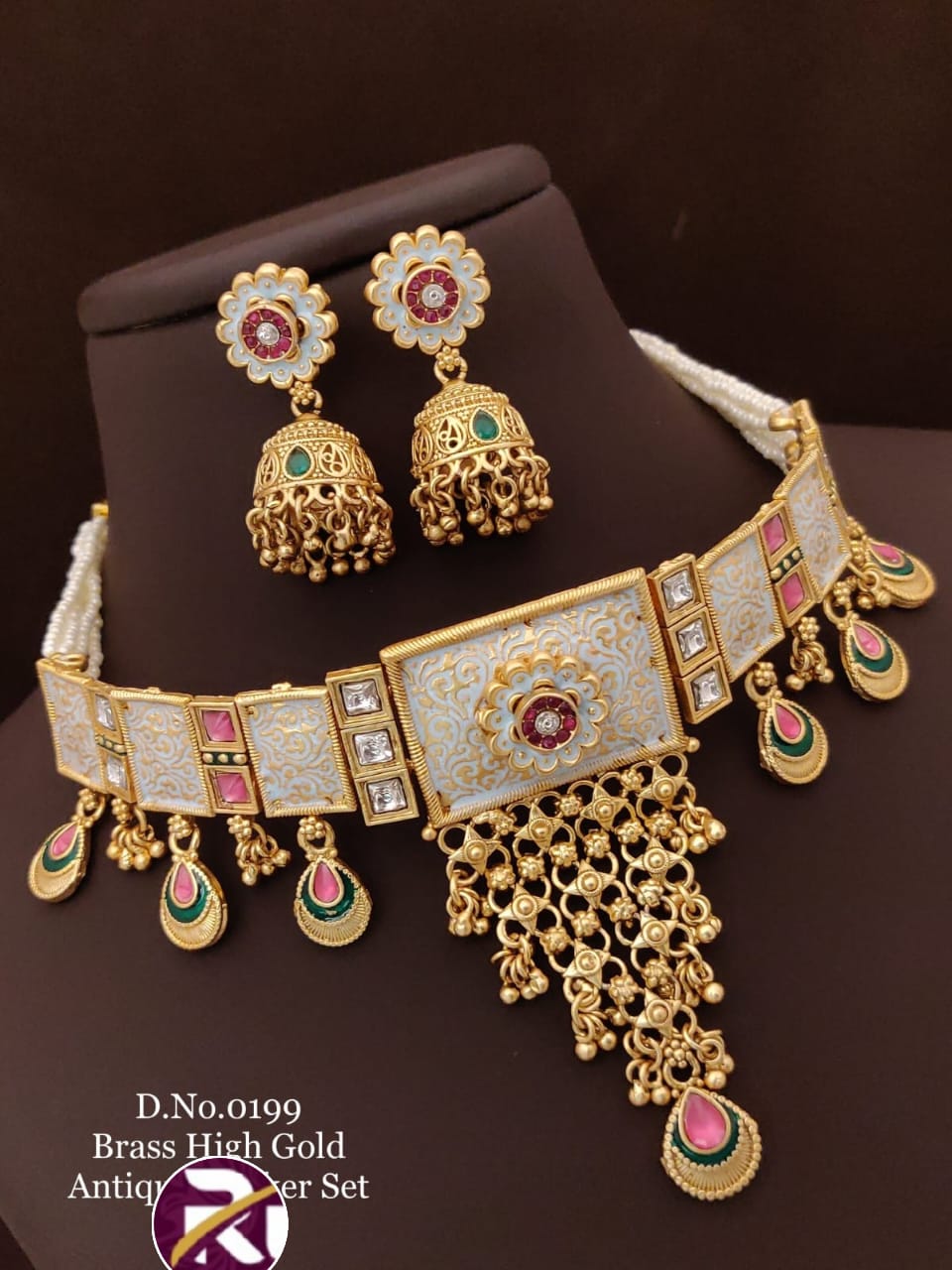 Beautiful Brass High Gold Plated Antique Rajwadi Necklace Set with Earrings