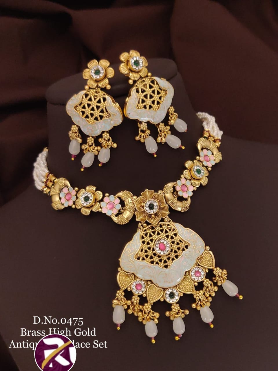 Beautiful Brass High Gold Plated Antique Rajwadi Necklace Set with Earrings