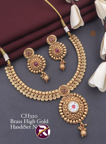 Beautiful Brass High Gold Plated Antique Necklace Set with Earrings