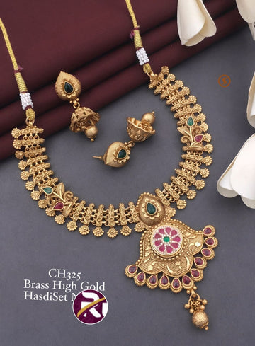 Beautiful Brass High Gold Plated Antique Necklace Set with Earrings