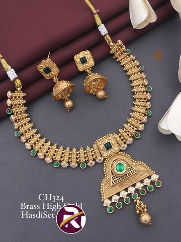 Beautiful Brass High Gold Plated Antique Necklace Set with Earrings