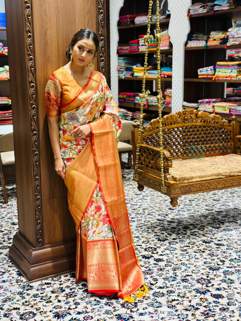 Kalamkari saree, silk saree, kalamkari, kanjivaram saree, soft silk saree, wedding saree, traditional authentic saree