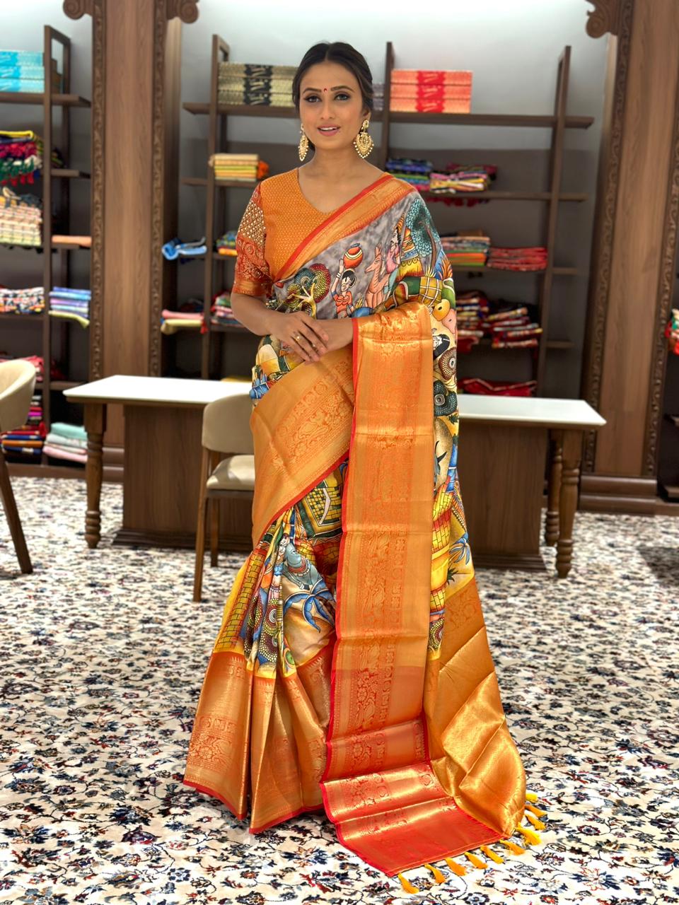 Kalamkari saree, silk saree, kalamkari, kanjivaram saree, soft silk saree, wedding saree, traditional saree on sale