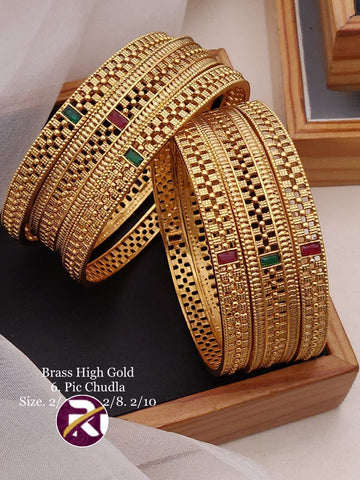 Beautiful Brass High Gold Plated Antique 6 Pcs Bangles