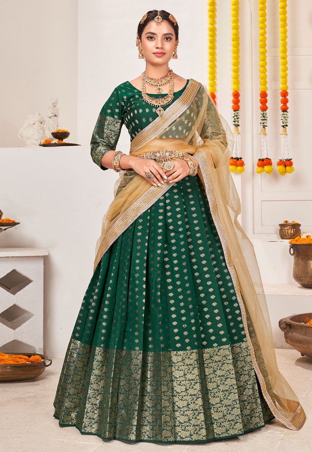 Green Copper Zari Weaving Work Banarasi Silk Lehenga Choli