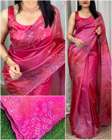 Beautiful Designer Glass Satin Shaded Printed Saree