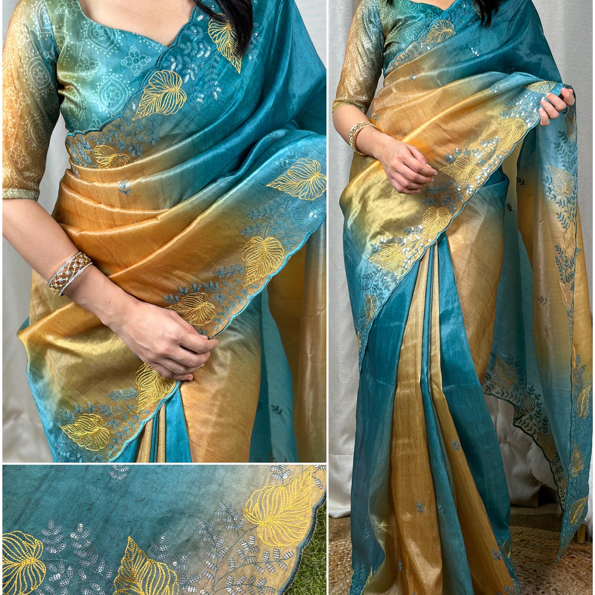 Beautiful Designer Glass Satin Shaded Printed Saree