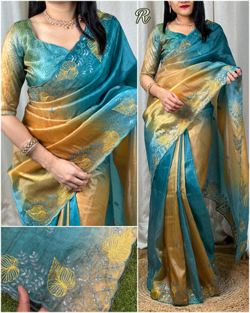 Beautiful Designer Glass Satin Shaded Printed Saree