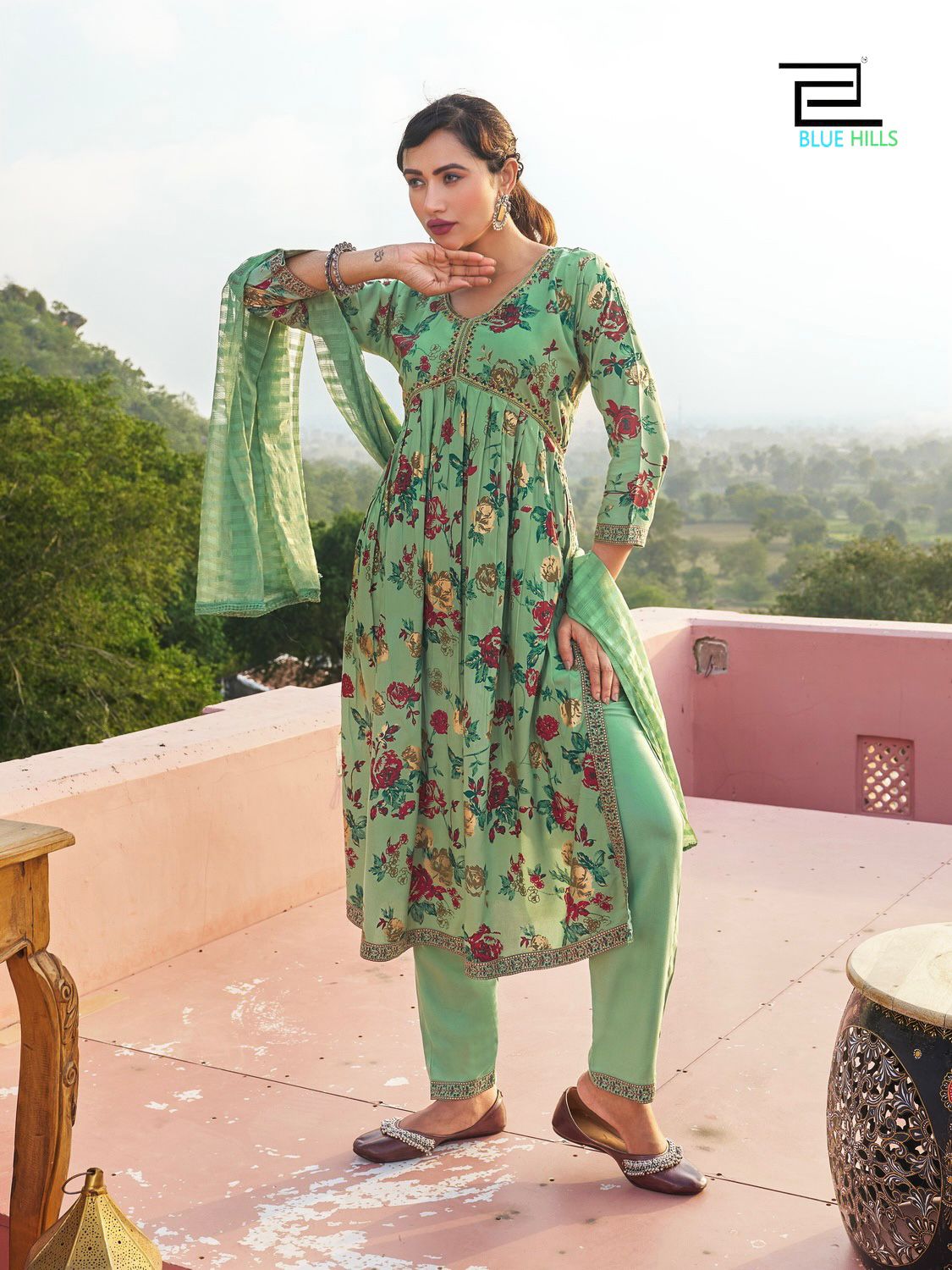 Beautiful Designer Libaas Rayon Foil Print Alia Cut Kurti Pant Set