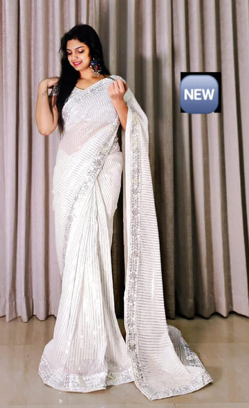 Beautiful Designer Aqua Heavy Georgette Sequanc Saree 395