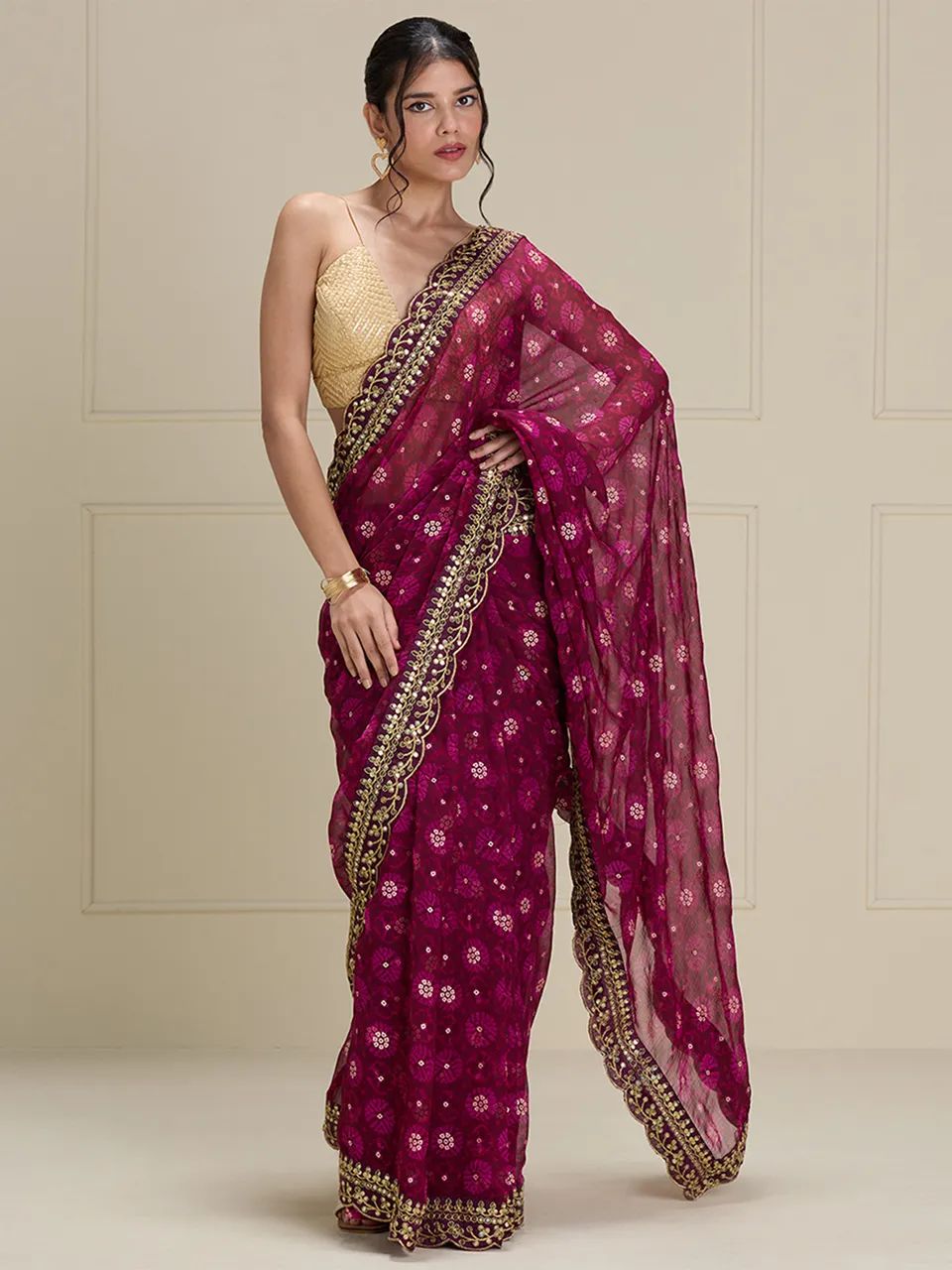 Beautiful Designer Georgette Chiffon with flower Print with Foil work Saree