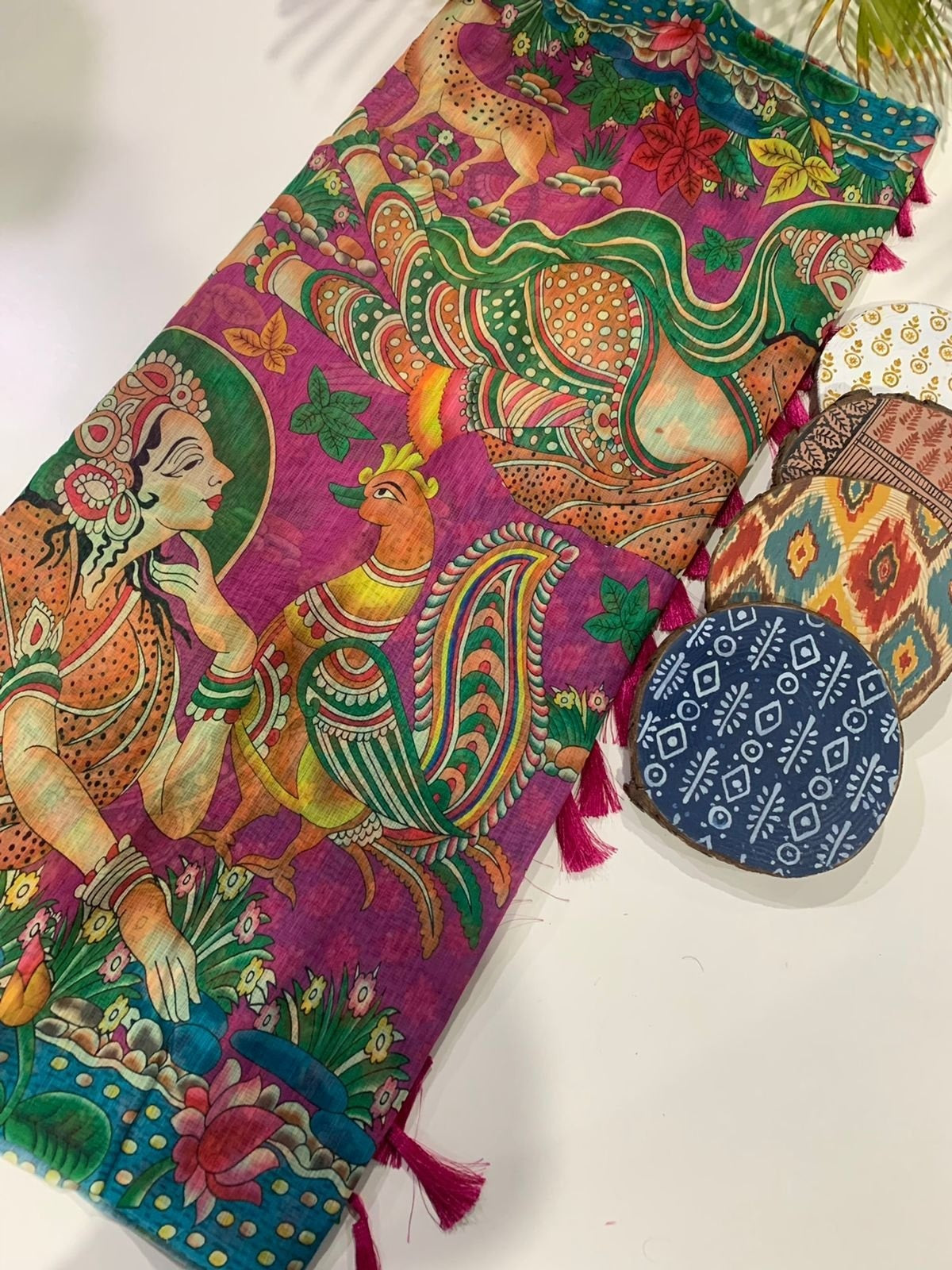 Hanika Kalamkari Pecock Desine Border Lenin Blend Saree