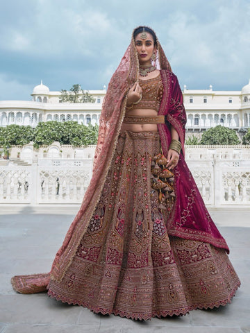 Pink and Maroon Bridal Lehenga with Handcrafted Embroidery