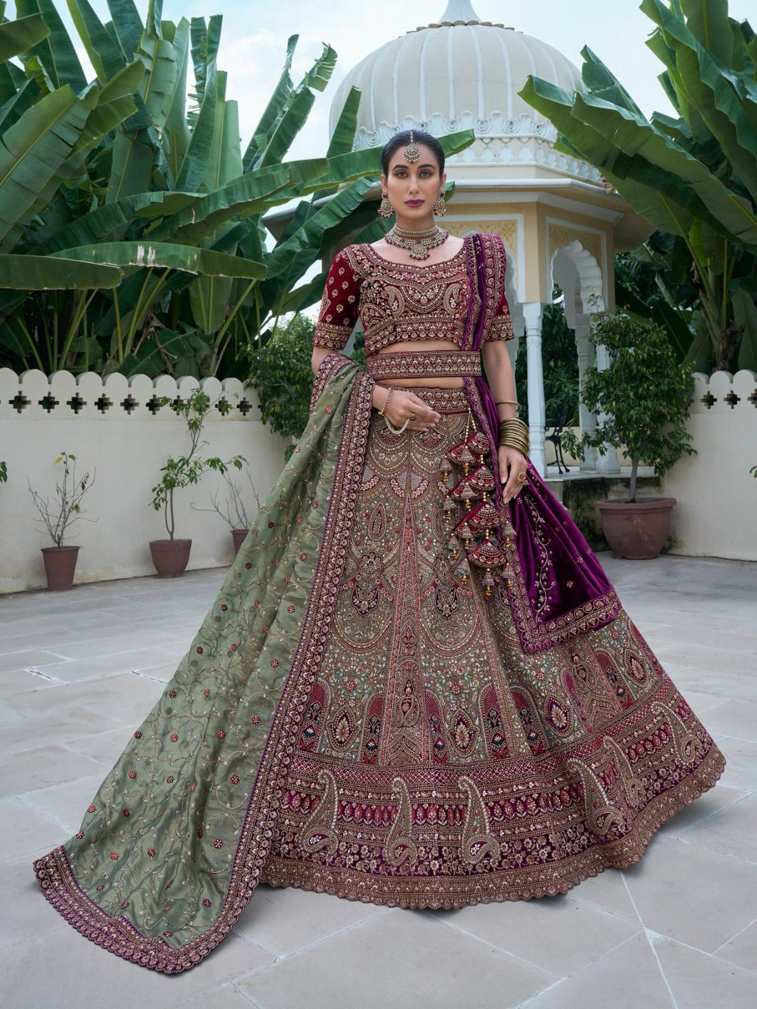 Green and Maroon Bridal Lehenga with Handcrafted Embroidery