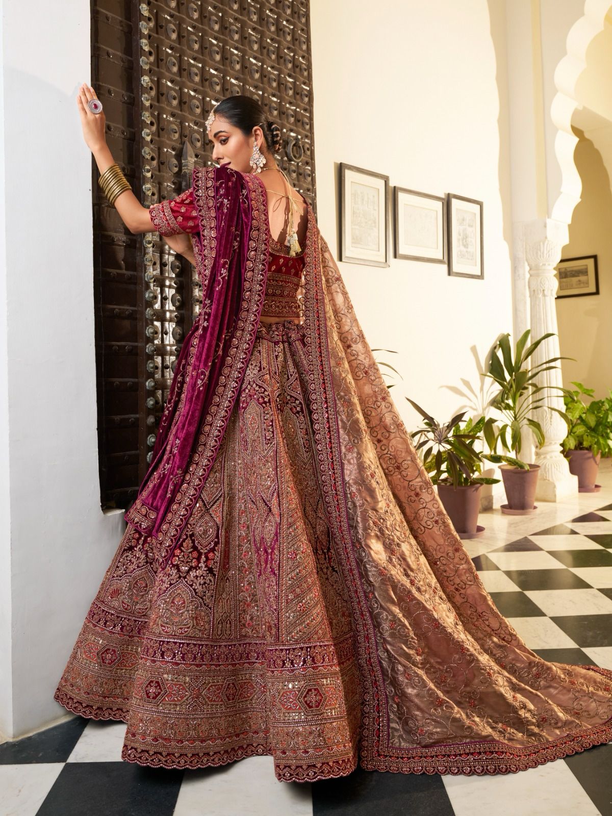 Stunning Maroon and Gold Embroidered Lehenga Choli with Dupatta