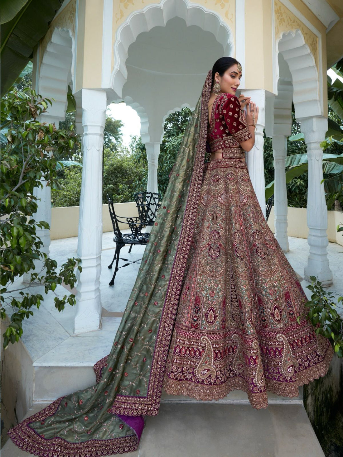 Green and Maroon Bridal Lehenga with Handcrafted Embroidery