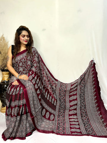 Beautiful Designer Ajrakh Pure Guji Bandhej Saree